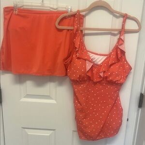 Kim Rogers Coral Polka Dot Tankini Skirt Set